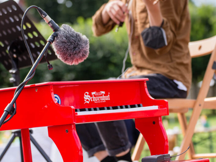 Roter Flügel vor Geigenspieler.